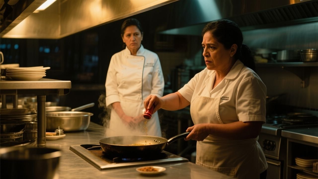 Faxineira segurando pano de prato ao lado da bancada da cozinha do restaurante após aceitar o desafio da chef