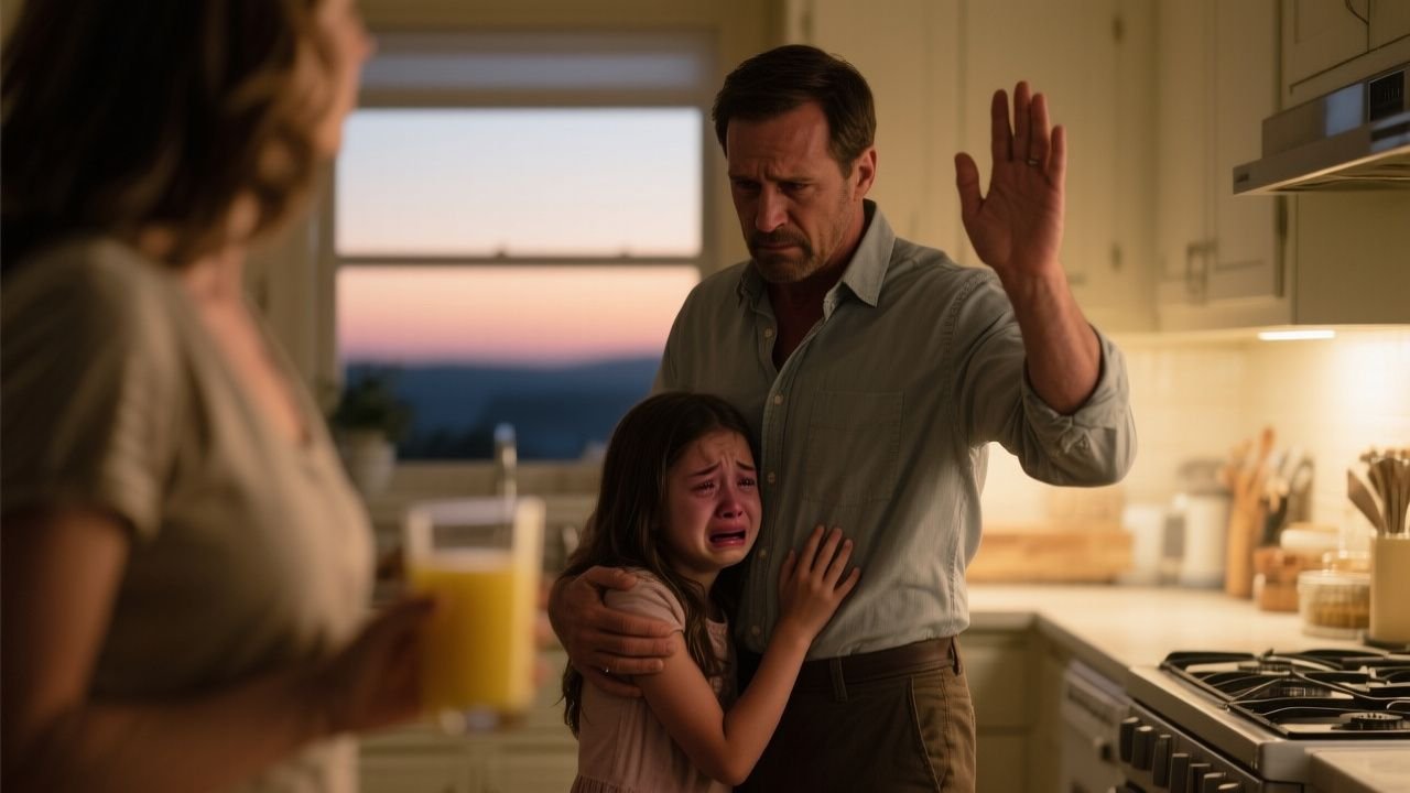 Menina de seis anos chorando ao contar ao pai que Camila coloca gotas em seu suco quando ele viaja